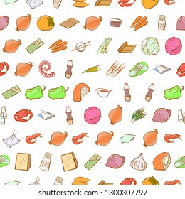 Japanese food, Seafood, Table setting and Vegetables set. Background for printing, design, web. Usable as icons. Seamless. Colored.