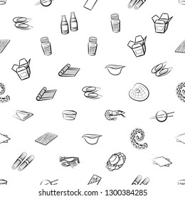 Japanese food, Seafood and Table setting set. Background for printing, design, web. Usable as icons. Seamless. Monochrome binary, black and white.