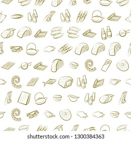 Japanese food, Seafood and Table setting set. Background for printing, design, web. Usable as icons. Seamless. Binary color.