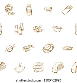 Japanese food, Seafood and Table setting set. Background for printing, design, web. Usable as icons. Seamless. Binary color.