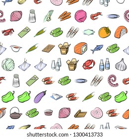 Japanese food, Seafood, Table setting and Vegetables set. Background for printing, design, web. Usable as icons. Seamless. Colored.
