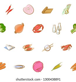 Japanese food, Seafood, Table setting and Vegetables set. Background for printing, design, web. Usable as icons. Seamless. Colored.