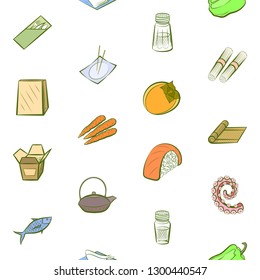 Japanese food, Seafood, Table setting and Vegetables set. Background for printing, design, web. Usable as icons. Seamless. Colored.