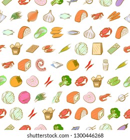 Japanese food, Seafood, Table setting and Vegetables set. Background for printing, design, web. Usable as icons. Seamless. Colored.