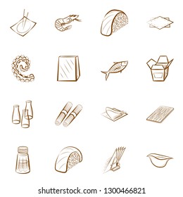 Japanese food, Seafood and Table setting set. Background for printing, design, web. Usable as icons. Binary color.