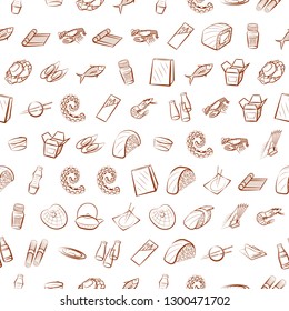 Japanese food, Seafood and Table setting set. Background for printing, design, web. Usable as icons. Seamless. Binary color.