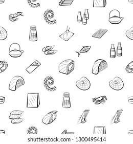 Japanese food, Seafood and Table setting set. Background for printing, design, web. Usable as icons. Seamless. Monochrome binary, black and white.