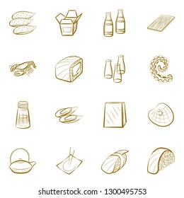 Japanese food, Seafood and Table setting set. Background for printing, design, web. Usable as icons. Binary color.