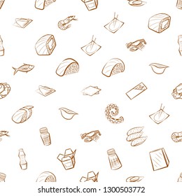 Japanese food, Seafood and Table setting set. Background for printing, design, web. Usable as icons. Seamless. Binary color.