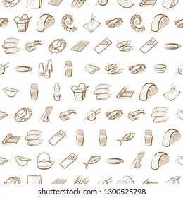 Japanese food, Seafood and Table setting set. Background for printing, design, web. Usable as icons. Seamless. Binary color.
