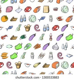 Japanese food, Seafood, Table setting and Vegetables set. Background for printing, design, web. Usable as icons. Seamless. Colored.