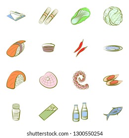 Japanese food, Seafood, Table setting and Vegetables set. Background for printing, design, web. Usable as icons. Colored.
