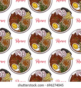 Japanese food. seamless background of appetizing ramen. Hand-drawn illustration
