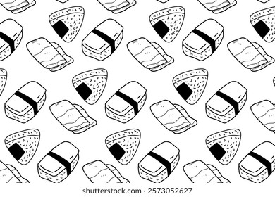 Japanese food seamless pattern. Onigiri, Sashimi, and Tamagoyaki simple and minimalist doodle pattern. For food Asian packaging and banner. 
