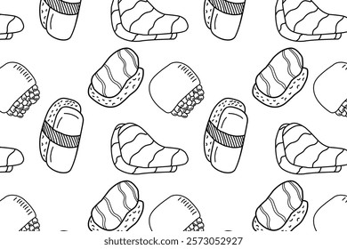 Japanese food seamless pattern. Onigiri, Sashimi, and Tamagoyaki simple and minimalist doodle pattern. For food asian packaging and banner. 
