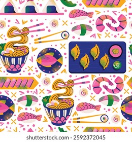 Japanese food seamless pattern with sushi, ramen, dumplings, shrimp, fish, and chopsticks on white background. Vector illustration isolated. Asian cuisine and traditional Japanese dishes concept