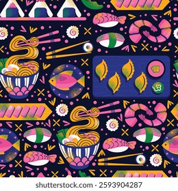 Japanese food seamless pattern with sushi, ramen, dumplings, shrimp, fish, and chopsticks on dark background. Vector illustration isolated. Asian cuisine and traditional Japanese dishes concept