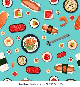 Japanese Food Seamless Pattern. Sushi with Different Rolls, Soup and Rice. Vector illustration in flat style