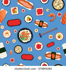 Japanese Food Seamless Pattern. Sushi with Different Rolls, Soup and Rice. Vector illustration in flat style