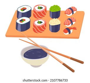 Japanese food served on wooden plate, sushi and rolls with wasabi, red fish and rice, seaweed nori and avocado. Soy sauce for dipping food, dish with chopsticks. Vector in flat style illustration