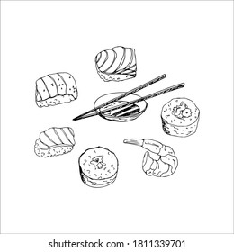 Japanese food set consisting of sushi, rolls, shrimp, wooden chopsticks and a bowl of soy sauce, isolated on a white background. Vector illustration in hand-drawn style. For the menu of cafes
