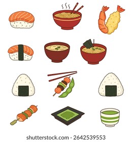 Japanese Food Set Cuisine on White Vector.