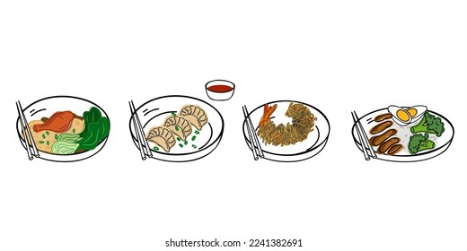 Japanese food set, gedze, shrimp, rice with chicken and vegetables