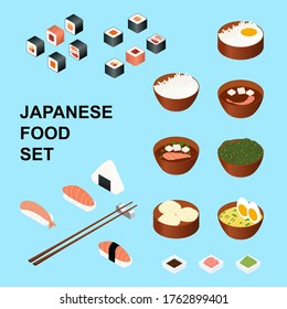 Japanese food set isolated on blue background. icons of asian traditional menu vector illustration. Isometric sushi and asian soup