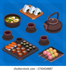 Japanese food set. Isometry. Vector illustration