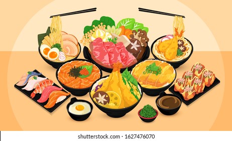 Japanese food set menu illustration vector.