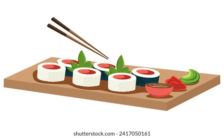Japanese food set on cutting board. Sushi rolls, wasabi, pickled ginger, soy sauce, chopsticks. Menu concept. Vector. Cartoon. Flat, simple style. Close-up. White background.