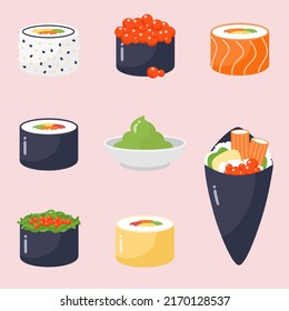 Japanese food set, rolls and sushi. Vector illustration.