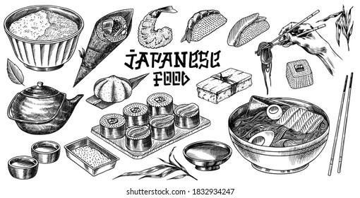 Comida japonesa. Barra de sushi, fideos de ramen, sopa en una cubeta, rollo y postre, té asiático. Salsa de soja. La mano sostiene palillos. Dibujo grabado. Estilo de doodle monocromo. Ilustración del vector