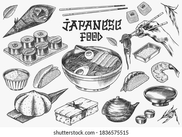 Japanese food set. Sushi bar, ramen noodles, soup in a bowl, roll and dessert, Asian tea. Soy sauce. Hand holds chopsticks. Drawn engraved sketch. Monochrome doodle style. Vector illustration