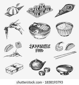 Japanese food set. Sushi bar, ramen noodles, soup in a bowl, roll and dessert, Asian tea. Soy sauce. Hand holds chopsticks. Drawn engraved sketch. Monochrome doodle style. Vector illustration