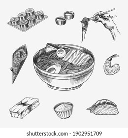 Japanese food set. Sushi bar, ramen noodles, soup in a bowl, roll and dessert, Asian tea. Soy sauce. Hand holds chopsticks. Drawn engraved sketch. Monochrome doodle style. Vector illustration