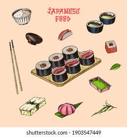 Japanese food set. Sushi bar, ramen noodles, soup in a bowl, roll and dessert, Asian tea. Soy sauce. Hand holds chopsticks. Drawn engraved sketch. Monochrome doodle style. Vector illustration