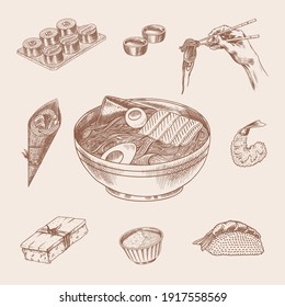 Japanese food set. Sushi bar, ramen noodles, soup in a bowl, roll and dessert, Asian tea. Soy sauce. Hand holds chopsticks. Drawn engraved sketch. Monochrome doodle style. Vector illustration