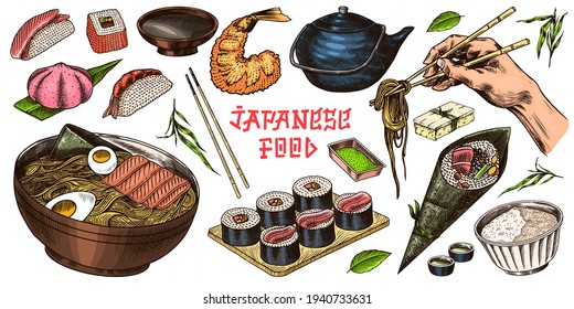 Japanese food set. Sushi bar, ramen noodles, soup in a bowl, roll and dessert, Asian tea. Soy sauce. Hand holds chopsticks. Drawn engraved sketch. Monochrome doodle style. Vector illustration