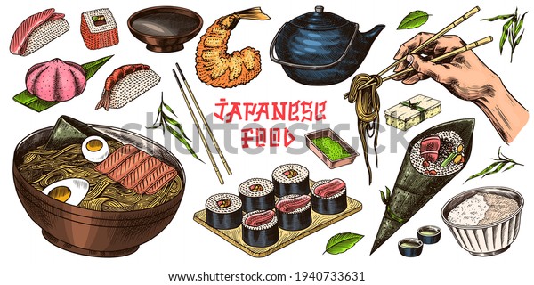 Japanese food set. Sushi bar, ramen noodles,\
soup in a bowl, roll and dessert, Asian tea. Soy sauce. Hand holds\
chopsticks. Drawn engraved sketch. Monochrome doodle style. Vector\
illustration