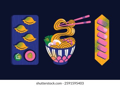 Japanese food set with sushi, ramen, dumplings, shrimp, fish, and chopsticks on dark background. Vector illustration isolated. Asian cuisine and traditional Japanese dishes concept