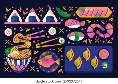 Japanese food set with sushi, ramen, dumplings, shrimp, fish, and chopsticks on dark background. Vector illustration isolated. Asian cuisine and traditional Japanese dishes concept