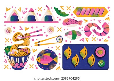 Japanese food set with sushi, ramen, dumplings, shrimp, fish, and chopsticks on white background. Vector illustration isolated. Asian cuisine and traditional Japanese dishes concept