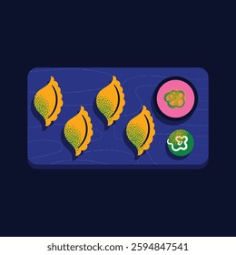 Japanese food set with sushi, ramen, dumplings, shrimp, fish, and chopsticks on dark background. Vector illustration isolated. Asian cuisine and traditional Japanese dishes concept