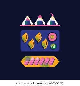 Japanese food set with sushi, ramen, dumplings, shrimp, fish, and chopsticks on dark background. Vector illustration isolated. Asian cuisine and traditional Japanese dishes concept