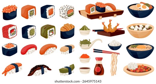 Japanese food set. Sushi rolls, ramen, tempura shrimps, miso soup, udon, rice vector flat cartoon illustration. Traditional meal menu design elements, restaurant flyer, or cuisine background