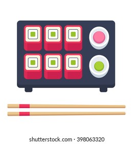 Japanese food set, sushi rolls with chopsticks and accessories. Flat vector sushi set illustration.