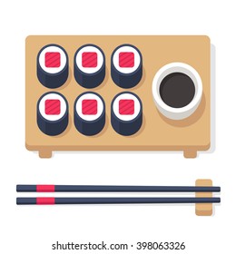 Japanese food set, sushi rolls with chopsticks and accessories. Flat vector sushi set illustration.