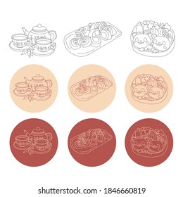 Japanese food set: teapot with cups, Daifuku Mochi, Japanese bento. Isolated vector illustration on white, red, beige background in linear style. Design icon, print, logo, symbol, decor, poster, menu