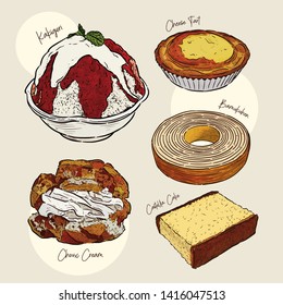 Japanese food, snack. kakigori, choux cream, Bamukuhen, castella cake and cheese tart, hand draw sketch vector.